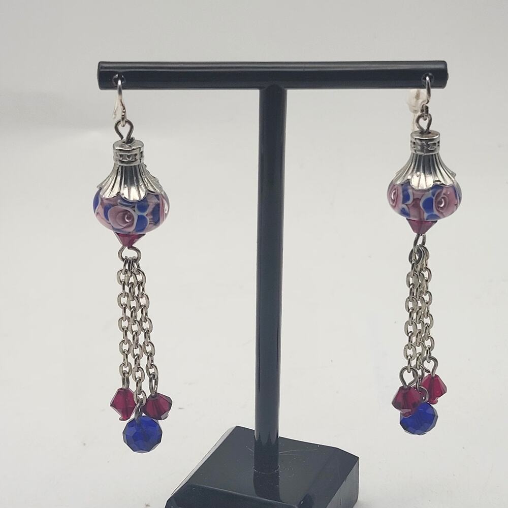Lampwork Floral Glass Earrings Silver Tone Tassel Cobalt Burgundy Pink Dangles